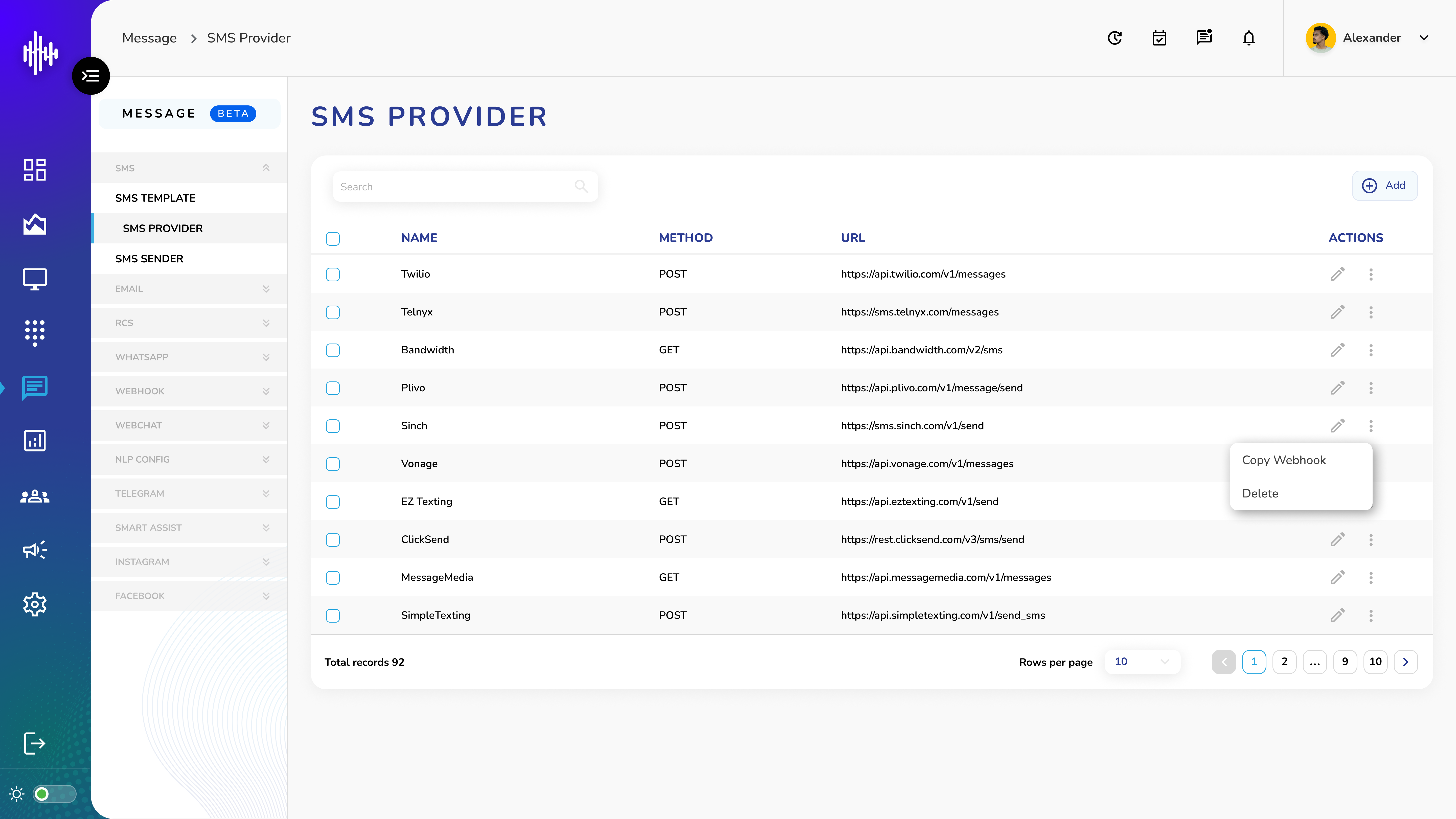 SMS Provider - Listing Screen